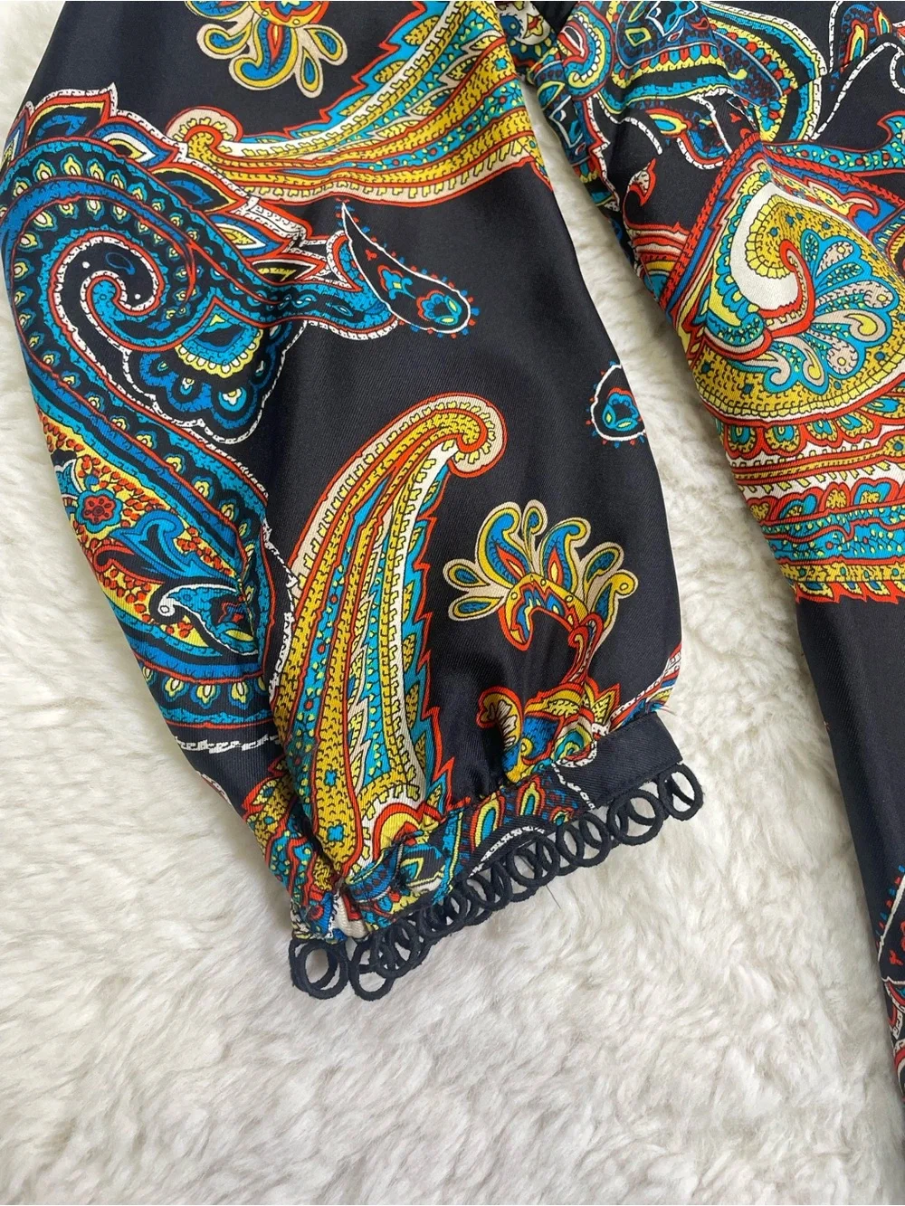 J. Crew Black Paisley-Print Long Sleeve Top with Multicolor Swirls